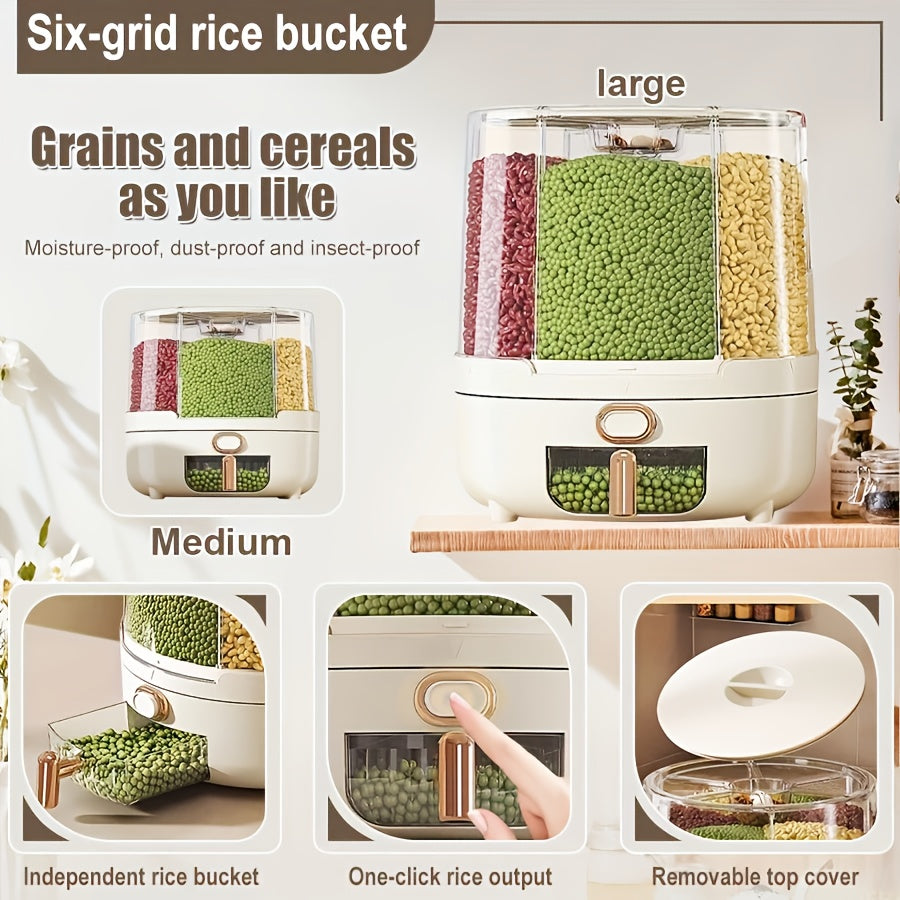 Rotating for rice Bucket | 6-Grid Cereal Dispenser, Large Capacity for rice Bucket | Airtight Dispenser with a Transparent Window, Features Moisture-Proof And Insect-Proof Design, Suitable for Rice, Cereals