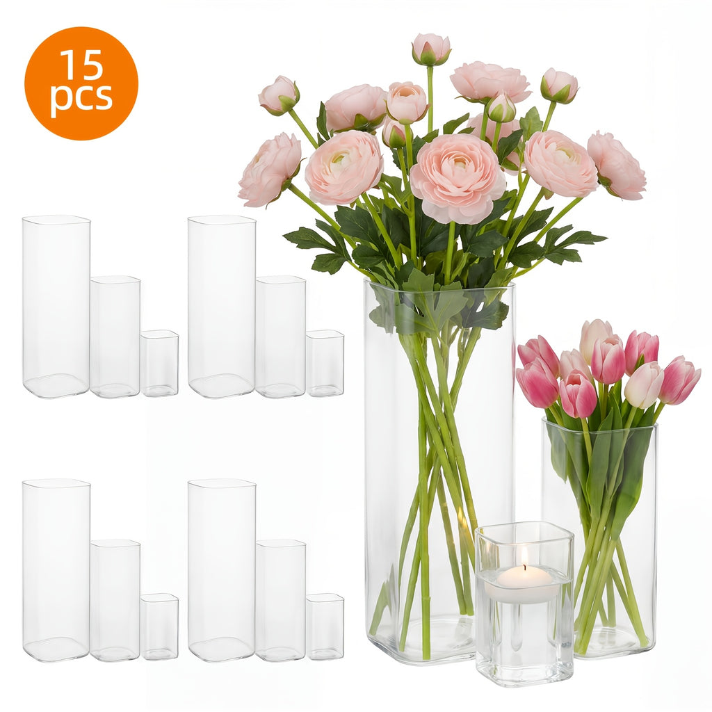 9/15/18/36/45pcs Set of Transparent Glass Cylinder/Square Vases, 4", 8", 12" Height, Assorted Sizes Glass Vases, Tall Glass Vases, Wedding Table Centerpieces, Party Table Centerpieces, Hurricane Floating Candle Holder Vases, Desktop Shelves