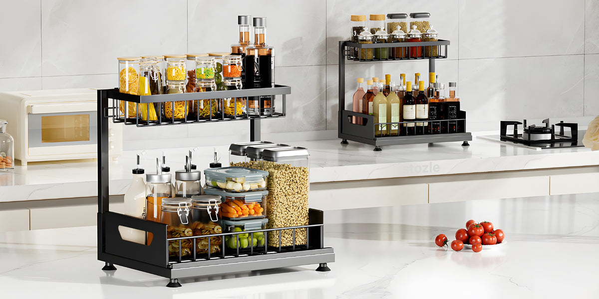2-story Kitchen Sink Storage Containers, Push-pull Cabinet Organizer, Kitchen and Bathroom Organizers and Storage, Study, Tabletop, Metal Sliding Drawers, Practical and Convenient Kitchen Accessories Essentials, Kitchen Organizers and Storage