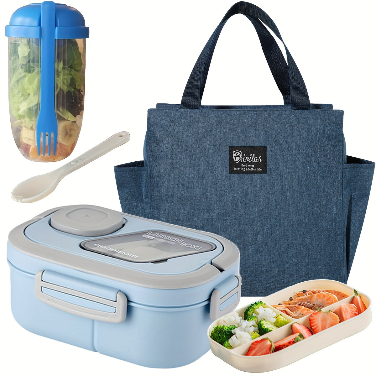 Two Tier Bento Lunch Box, Divided Meal Container in Pink, Blue, Green or White with Optional Cup and Lunch Bag Sets for School, Office and Picnics