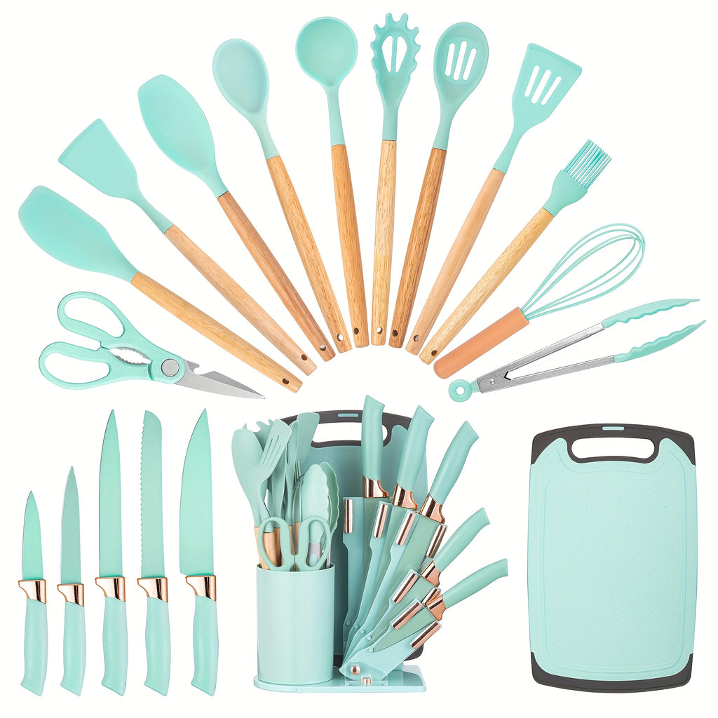 19pcs Kitchen Knife And Utensil Set, Non-Stick Black Knife Set with Wooden Handles, Silicone Cooking Tools, Cutting Board, Scissors And Holder, Best Gift for Parents