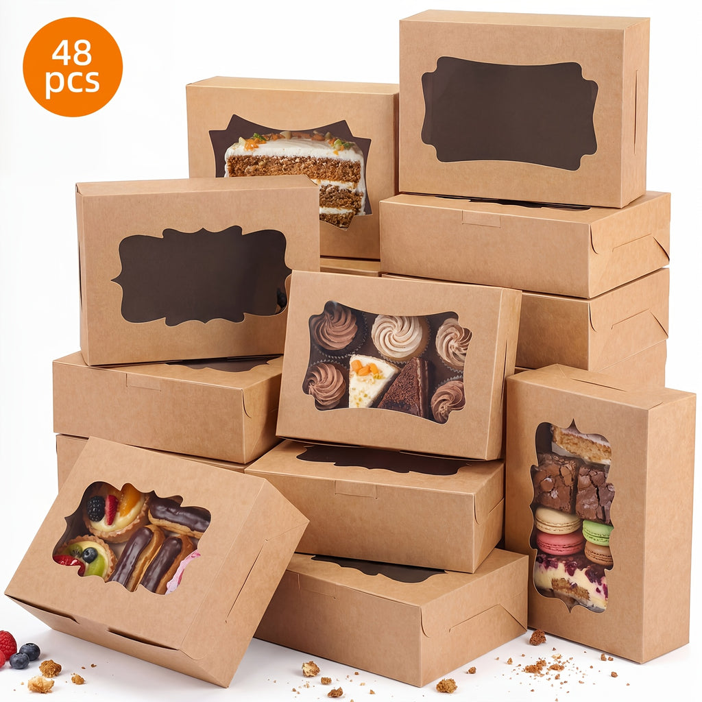 TOMNK 48pcs Cookie Boxes, Treat Boxes with Window, Cake Packaging Box, Bakery Brown/White Pastry Boxes, Caja De Galletas, Macaron Boxes, Dessert Storage Box, Kraft Cartons, for Birthday Party, Wedding, 8X6X2.5 in