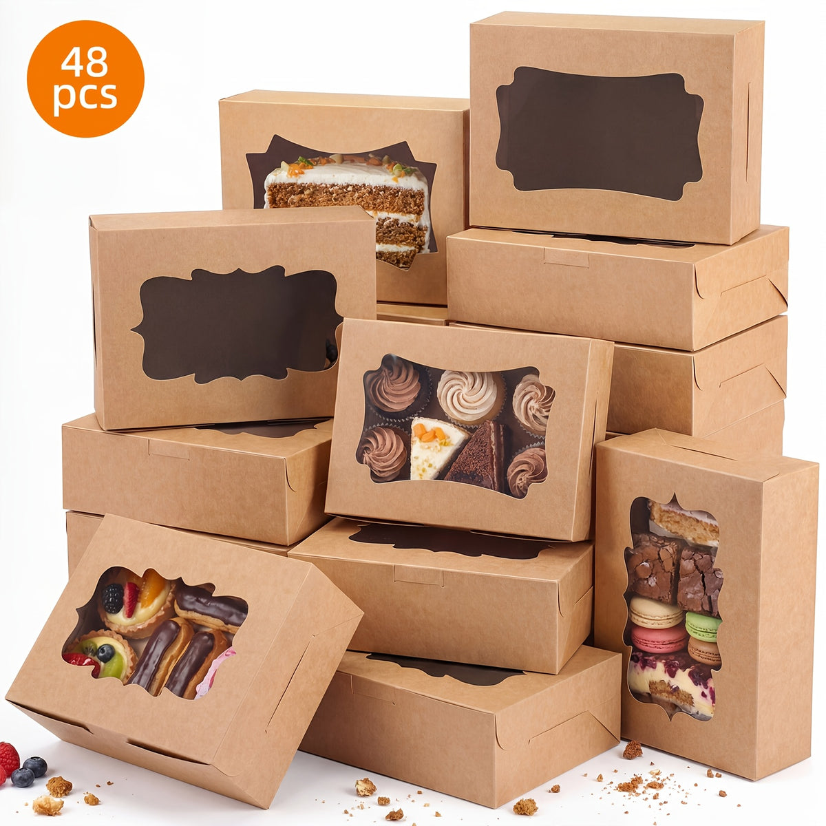 TOMNK 48pcs Cookie Boxes, Treat Boxes with Window, Cake Packaging Box, Bakery Brown/White Pastry Boxes, Caja De Galletas, Macaron Boxes, Dessert Storage Box, Kraft Cartons, for Birthday Party, Wedding, 8X6X2.5 in