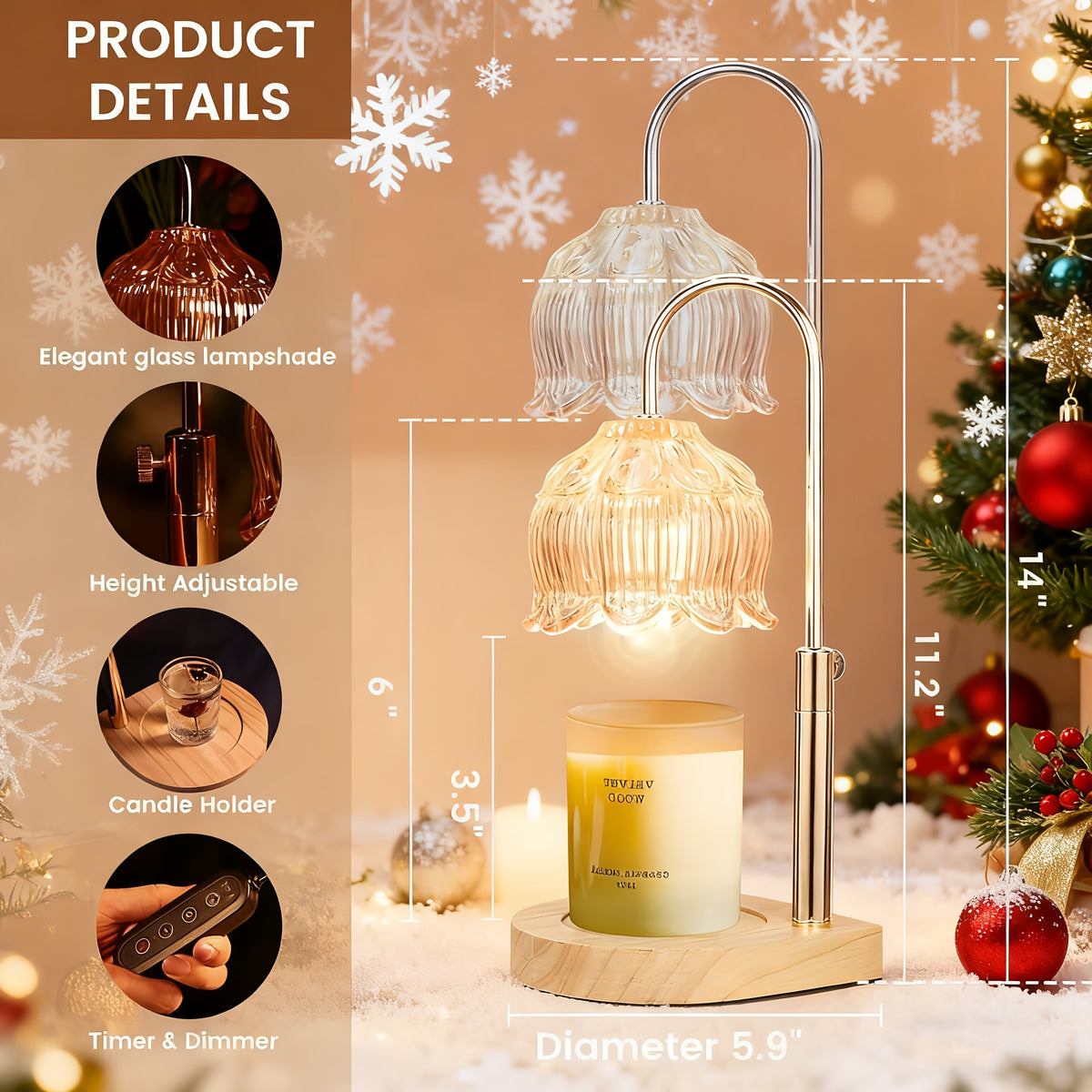 Adjustable Height Candle Warmer Lamp | Flameless Dimmable Scented Vintage Candle Lamp with Timer, Iron Tabletop, Polished Finish, 120V Plug Powered, Ideal for Home Decor, Mother'S Day and Christmas Gifts (No Bulb Included)