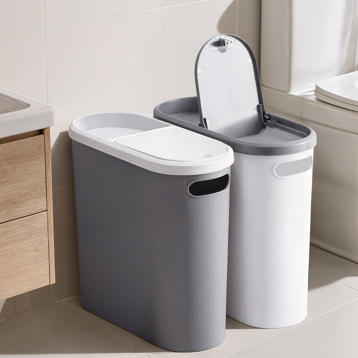 2/1pc Compact And Durable Plastic Bathroom Trash Can | with Built-In Handles, Rustproof, Space-Saving Design, Ideal for Small Spaces in Bathroom, Laundry, And Home Office(Includes Trash Bags)