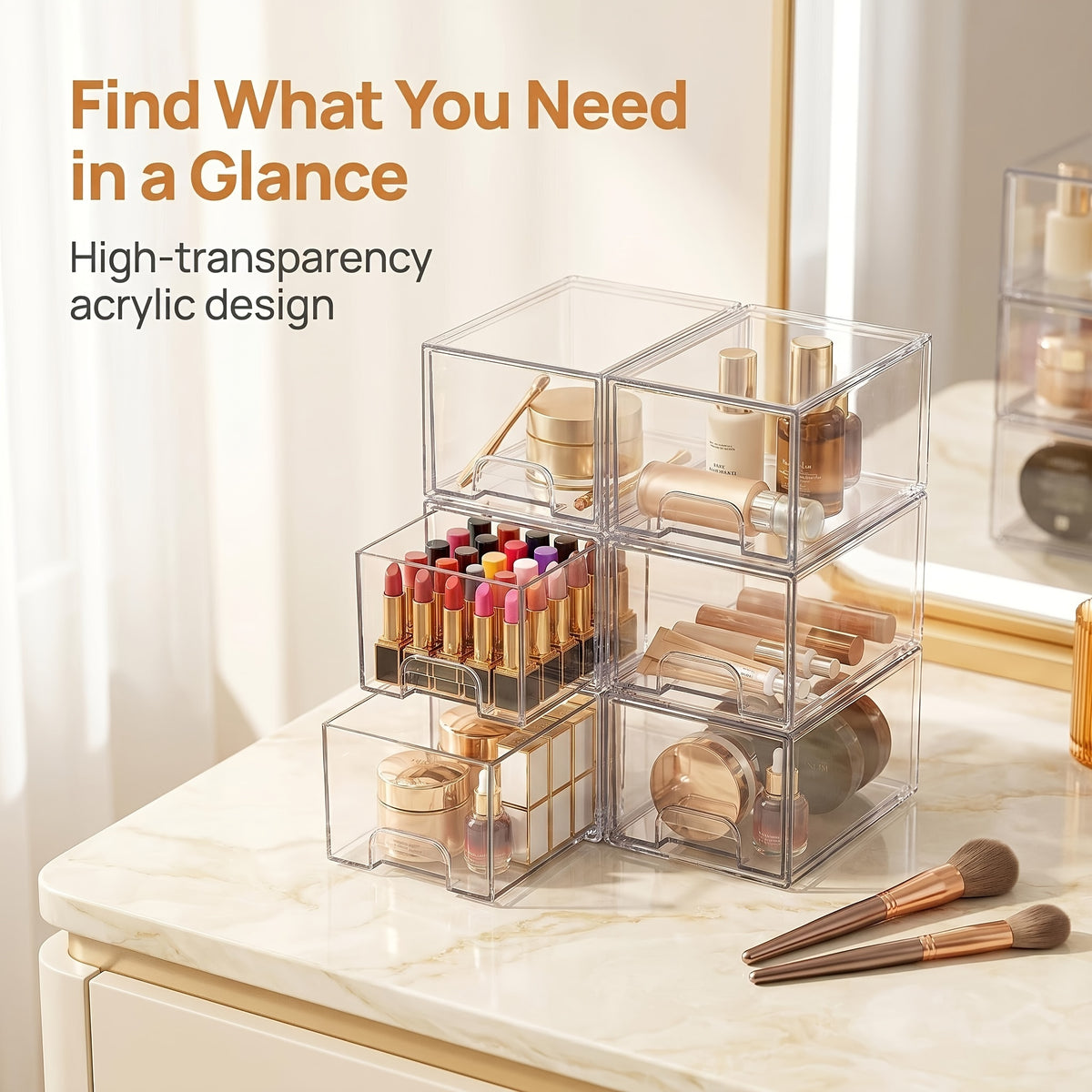 8 Pack Acrylic Bathroom Makeup Organizer, 7.5"D X 6"W X 4.4"H Clear Stackable Storage Drawers, Plastic Storage Bins for Vanity, Home Organization And Storage