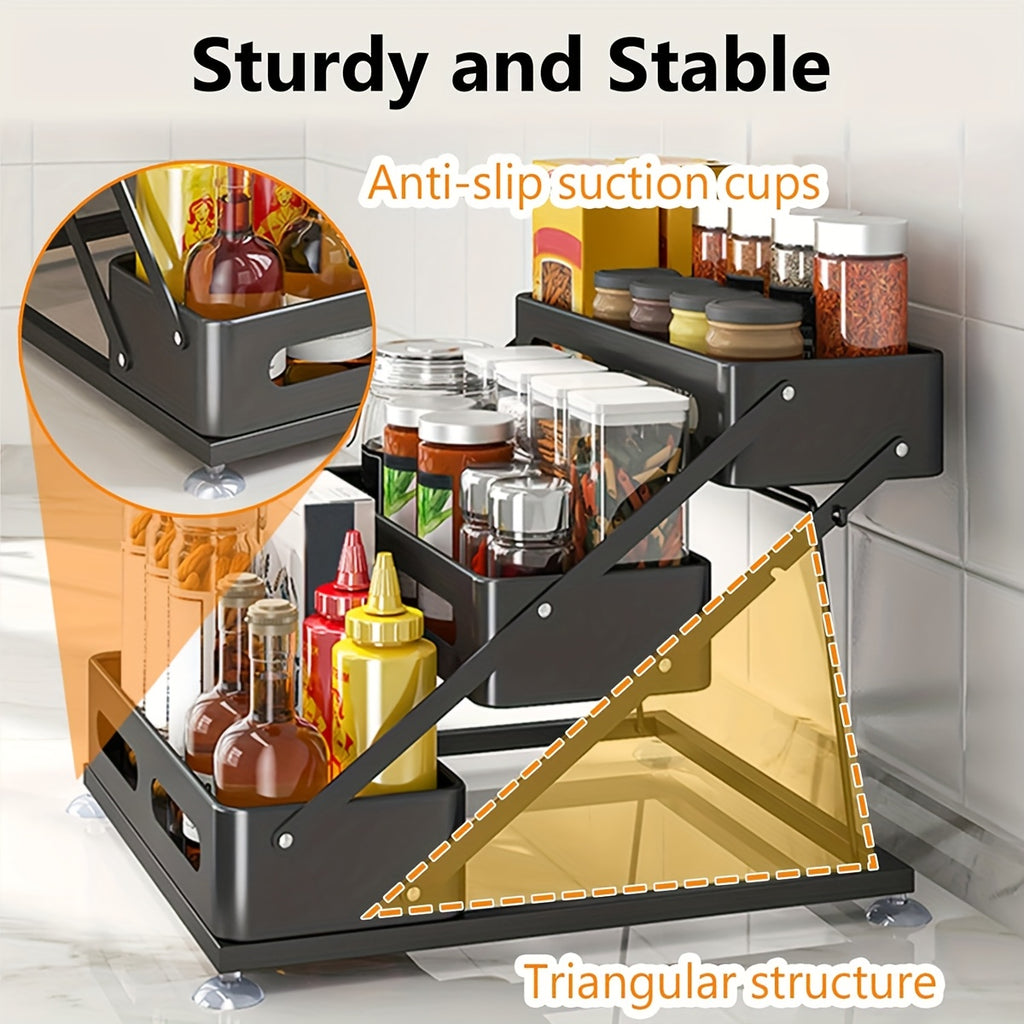 3-Tier Foldable Cast Iron Spice Rack Organizer with Safety Rails - Space-Saving Countertop & Cabinet Storage for Kitchen, Pantry - Durable Painted Finish, Holiday-Themed Design, Kitchen Spice Organizer, Space Saver, Sleek Metal Style, Sturdy Construction
