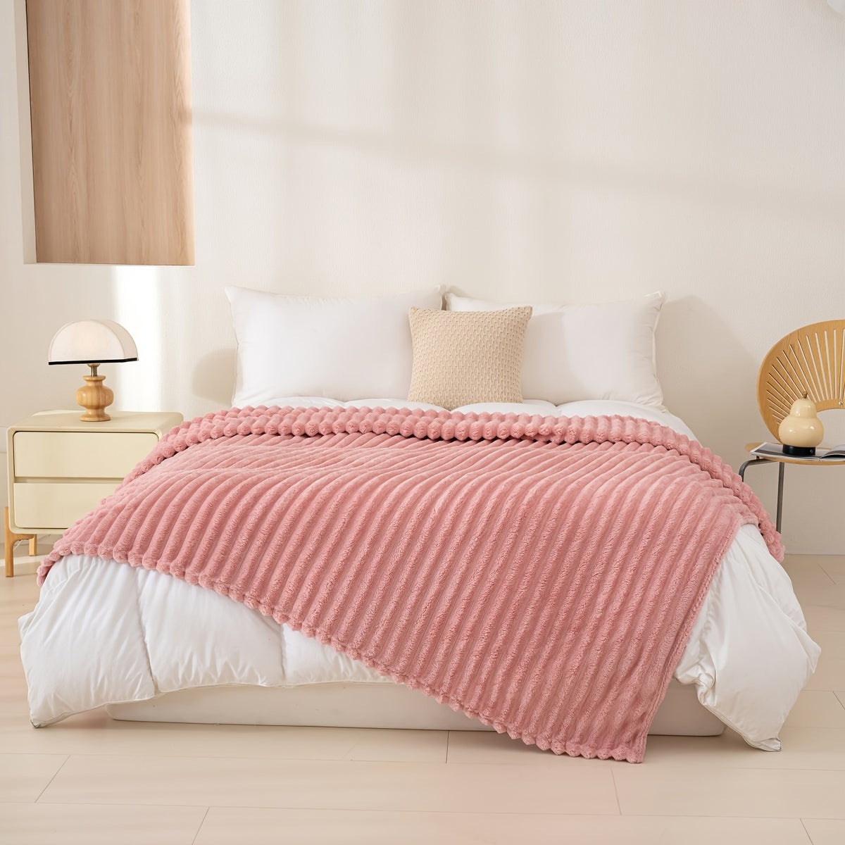 Luxurious Double-Sided Faux Rabbit Fur Throw Blanket - Cozy Striped Flannel, Soft And Warm for Naps, Office, Camping, Sofa - Versatile Polyester Bed Cover, Perfect Christmas Gift