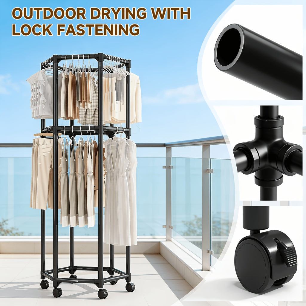 Heavy-Duty Rotating Clothing Rack with Wheels - Freestanding Space-Saving Garment Organizer Suitable for Bedroom, Laundry Room, Commercial Use, Multifunctional Rotating Dresser Rack with Hanging Rods for Coats, Dresses, Pants Storage
