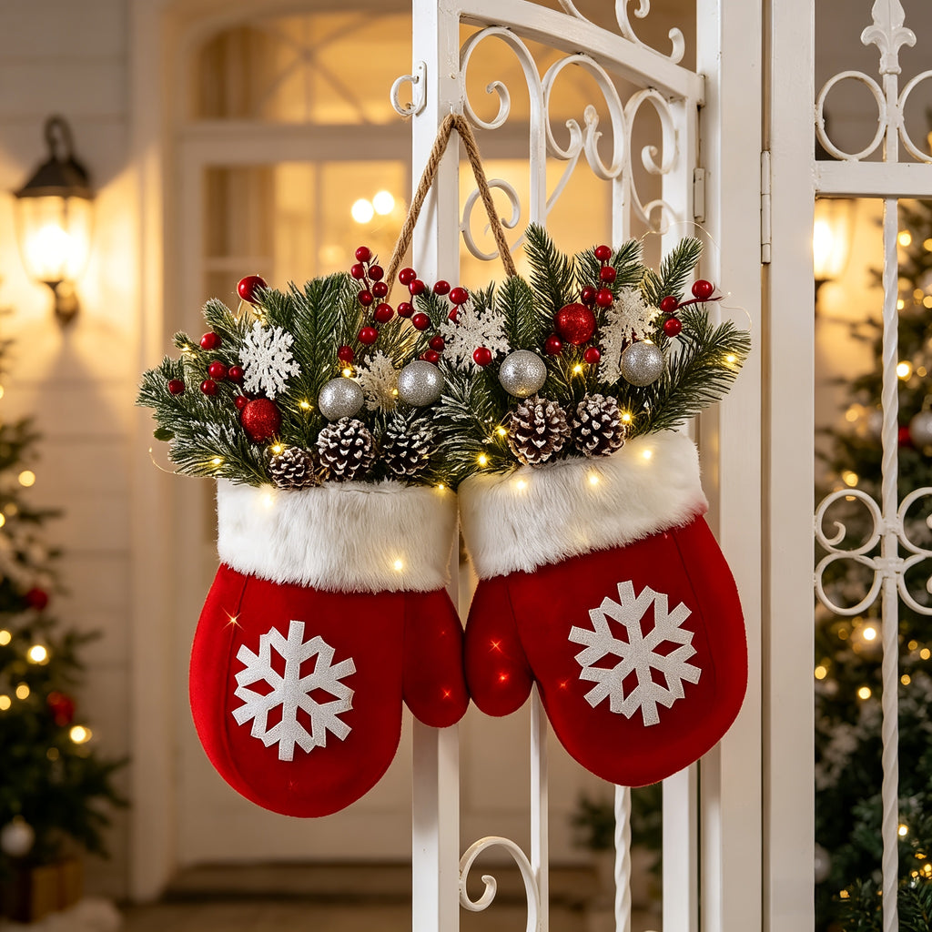 Christmas Mitten Door Wreath with 20 Flashing LEDs, Red Snowflake Gloves, Artificial Pine, Berries and Frosted Pine Cones for Holiday Wall Decor