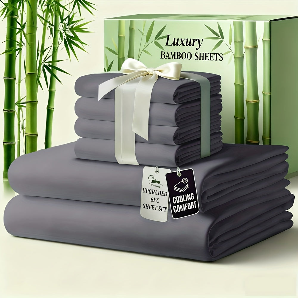 6pcs Luxury Bamboo Cooling Bed Sheet Sets - Viscose Derived From Bamboo Sheets Queen/King Size - Luxuriously Ultra Soft & Breathable Bedding Sheet Set - Deep Pocket Fitted Sheet with Bamboo Texture, Wrinkle-Resistant Soft Sheets