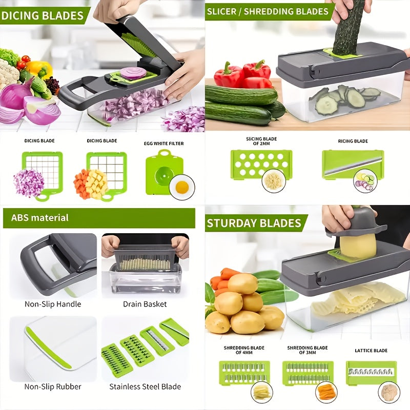 22pcs/16pcs Vegetable Chopper: Multifunctional Food Slicer Dicer Cutter With 8 Blades, Grey Container Included Convenient Cutting Of Food In The Kitchen