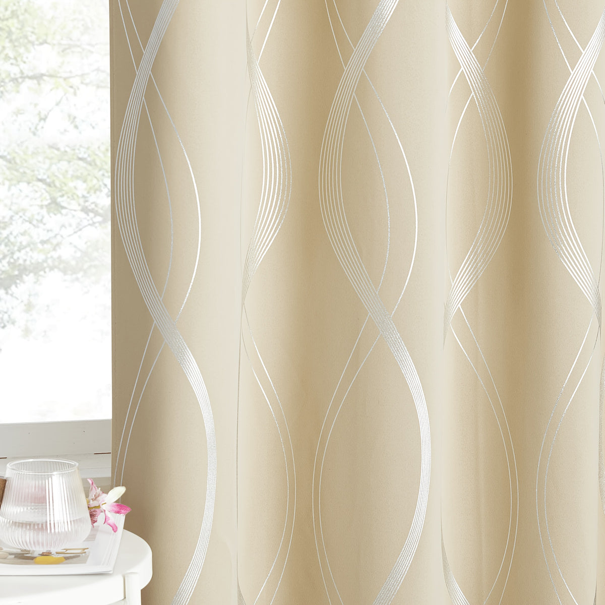 Blackout Curtains 2 Panels Set for Bedroom/Living Room, Noise Reducing Thermal Insulated Wave Line Foil Print Drapes for Patio Sliding Glass Door