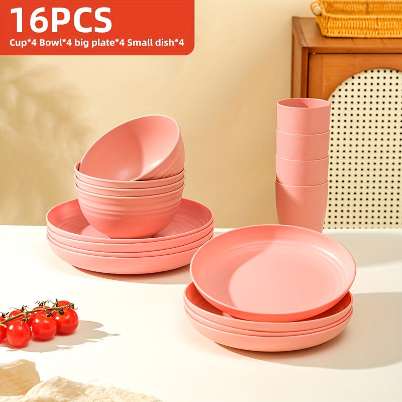 Brczuo16/32pcs Securely Fixed Non Fragile Plates, Wheat Straw Tableware Set, Microwave Dishwasher Safe, Durable Tableware, Black Set Includes 16 Plates, 8 Bowls, 8 Cups, Suitable For Family Gatherings, Birthday Parties, Camping