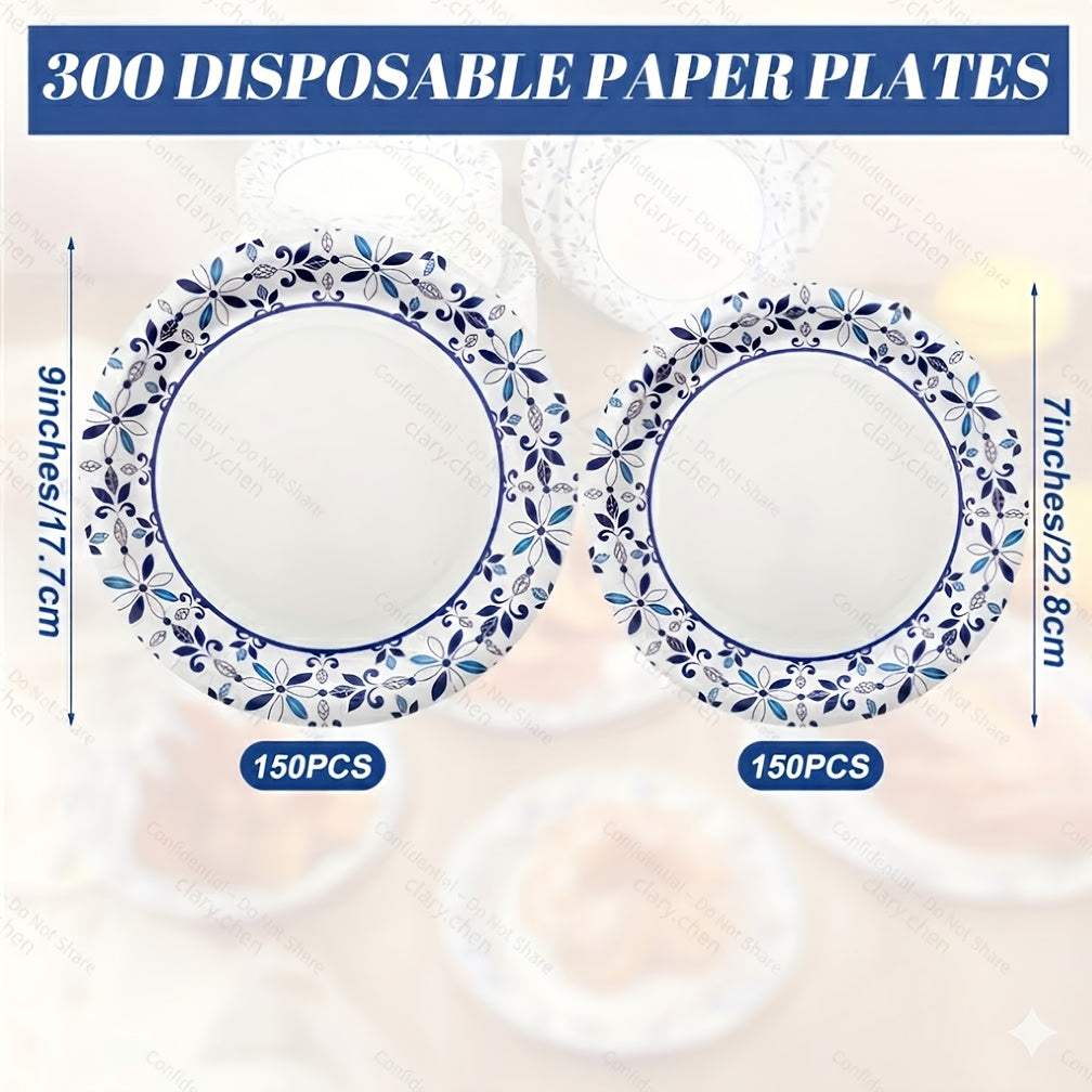 300 Paper Plates Including 150pcs 9 Inch Heavy Duty Printed Disposable Plates And 150pcs 7 Inch Soak Proof Disposable Paper Plate for Everyday Use Family Gatherings Parties(Leaf) for School Halloween Halloween, Christmas