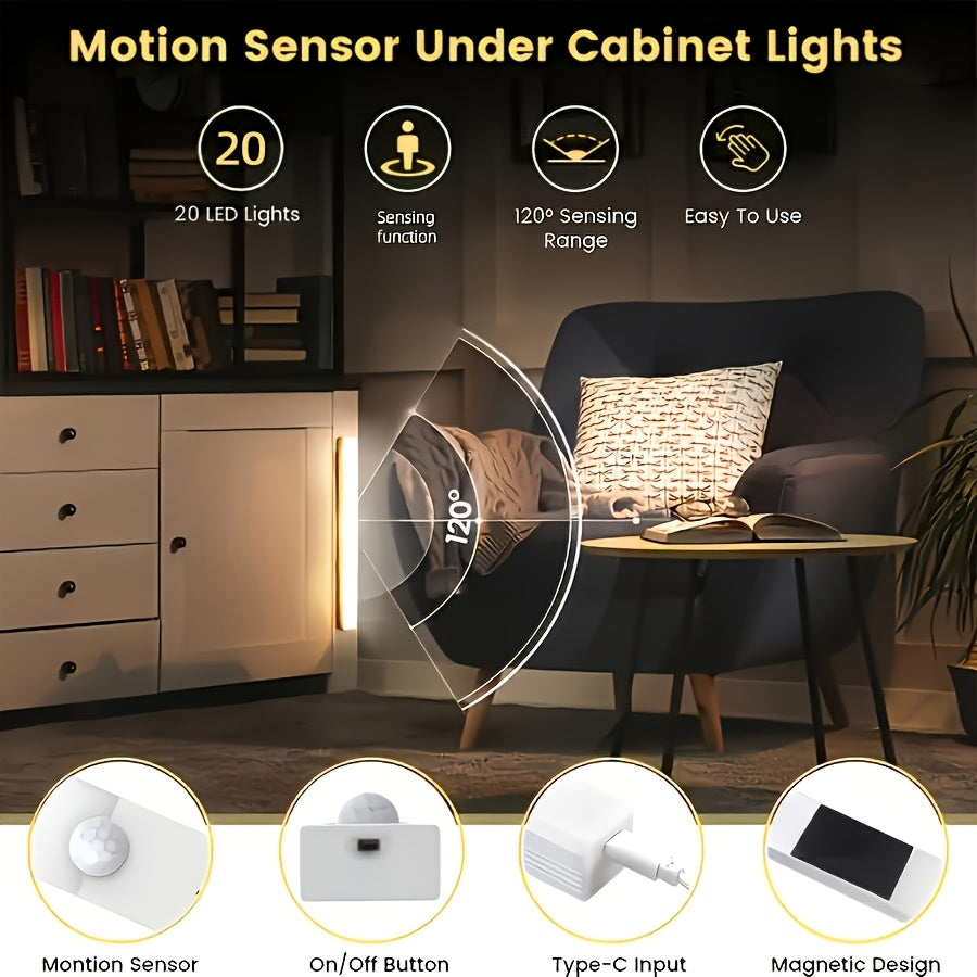 12-Pack Motion Sensor Under Cabinet Lights, USB Rechargeable Wireless LED Closet Lights, 3 Modes, Stick-On Night Lights for Kitchen, Bedroom, Stairs, Wardrobe, Pantry