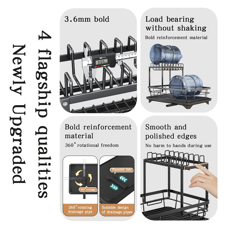 2-Tier Metal Dish Drying Rack, Suitable for Types of Countertops. Space-saving and Durable, Comes with Cutlery Holder, Cup Holder, and Rust-proof Drip Tray. Helps Your Kitchen Neat and Organized.