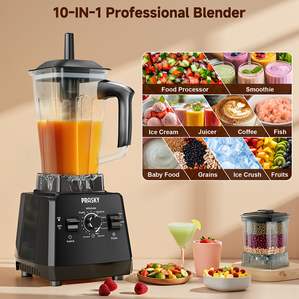 Professional Food Processor Blender, Smoothies Blender, Max.2400W Sorbet Blender And Grinder Combo 25000RPM Powerful Blenders Kitchen 68Oz 2 Containers Countertop Blenders Ice, Grinding, Milk Shake, Ice Slushie, Juice, Shake