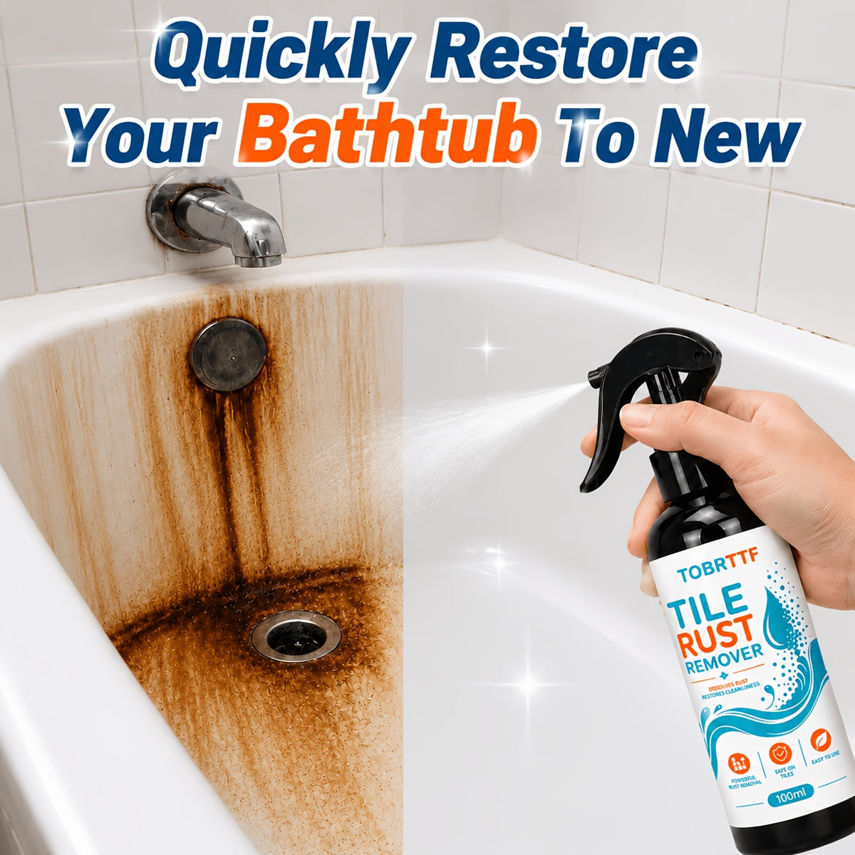 Bathroom/Ceramic Rust Remover - Eliminates Rust Stains, Water Marks, Yellow Spots, And Limescale. Cleans Stains, Restores Surface Shine. Gentle Formula, Glaze-Safe. Suitable for Bathtubs, Sinks, Faucets, Tiles, Toilets