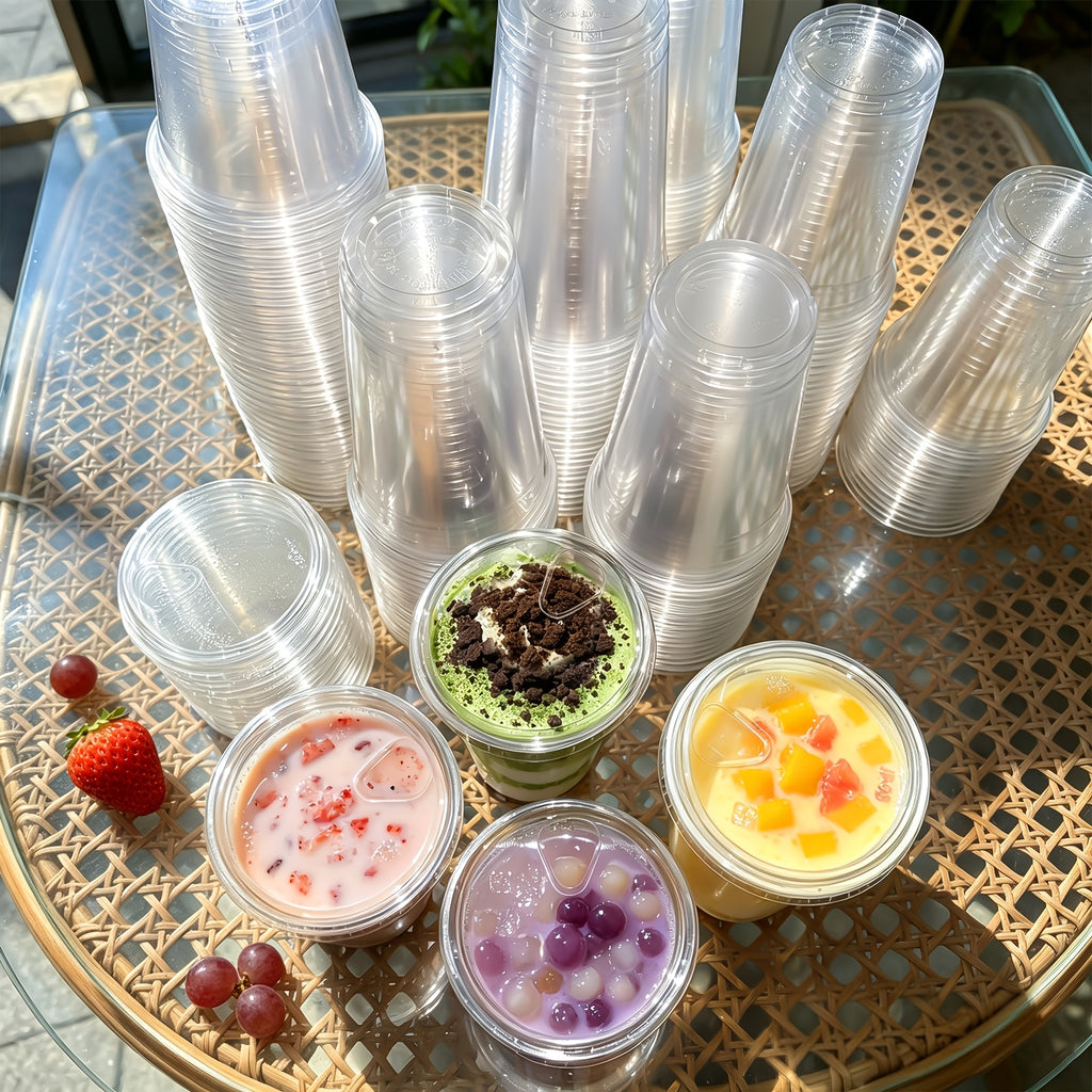 [100 Sets Of Plastic Cups with Lids]Frozen Cold Drink Storage Containers, Disposable Clear Plastic Cups with Lids, Iced Coffee Cups, Ideal for Iced Coffee, Smoothies, Milkshakes, Takeaway And Cold Drinks Perfect for Halloween, Christmas, And Parties