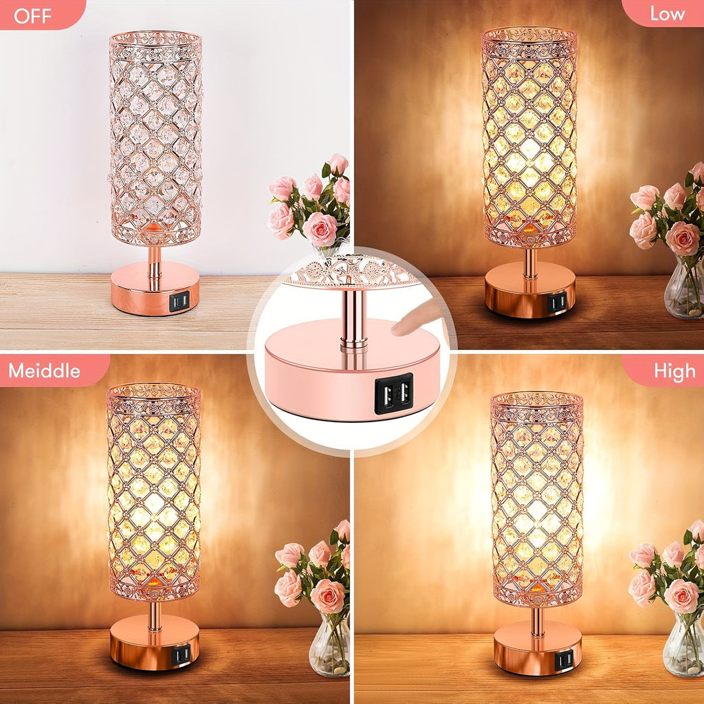 Touch Control Crystal Table Lamps With 2 USB Ports, 3-Way Dimmable Bedside Nightstand Lamps With Decorative Crystal, Small Table Lamps For Bedrooms Living Room, Office, Led Bulb Included