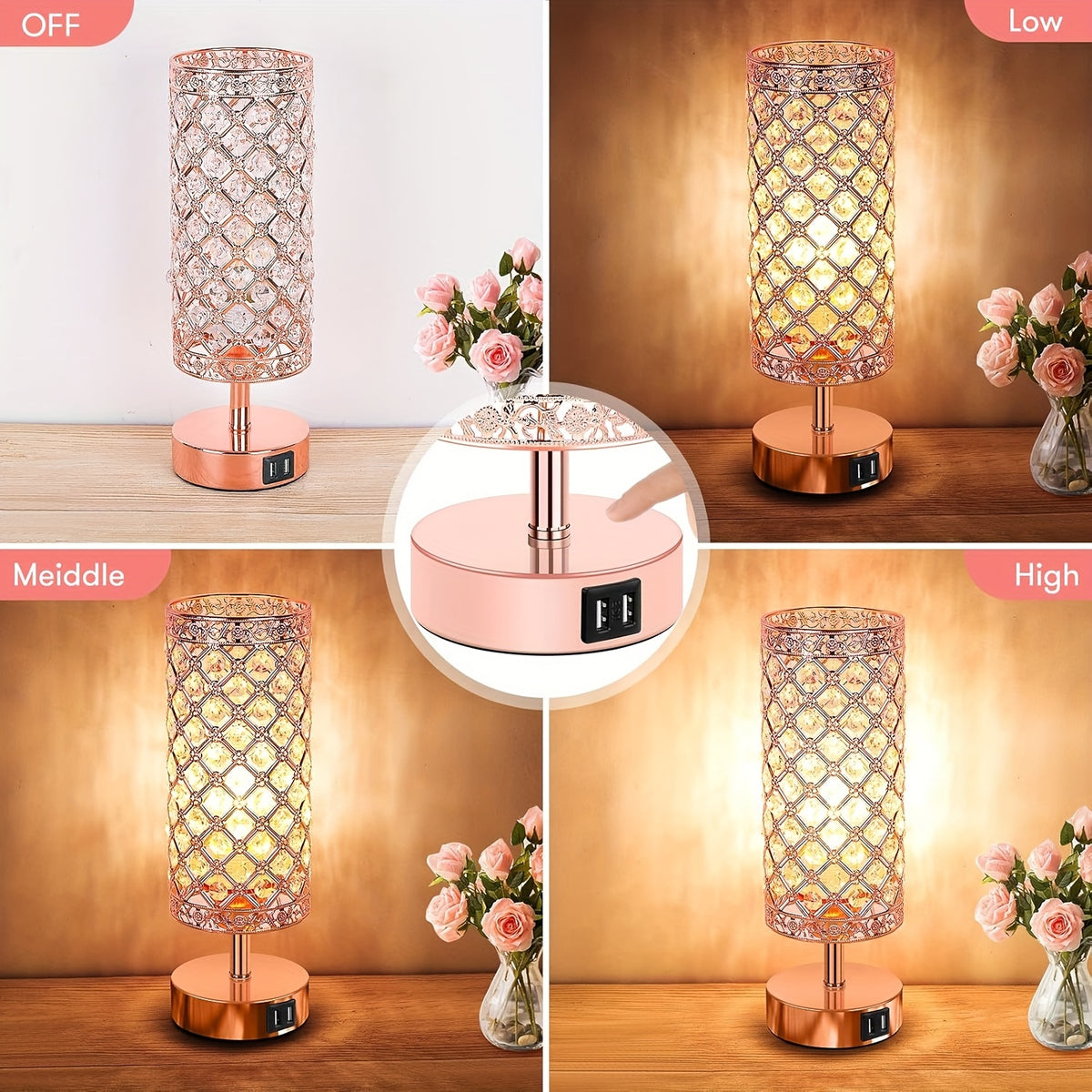 Touch Control Crystal Table Lamps With 2 USB Ports, 3-Way Dimmable Bedside Nightstand Lamps With Decorative Crystal, Small Table Lamps For Bedrooms Living Room, Office, Led Bulb Included