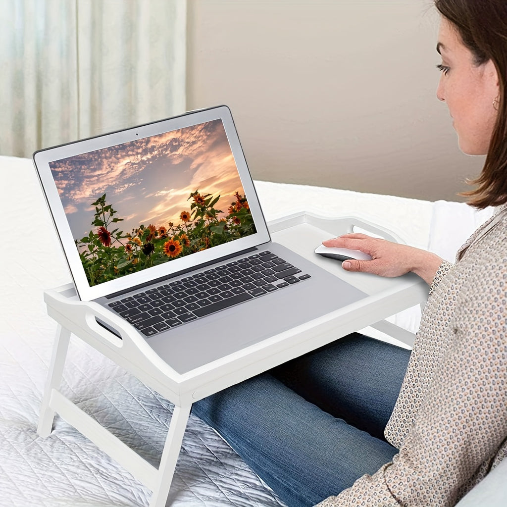 A Bamboo Bed Tray Table Measuring 19.32 by 11.83 Inches, Featuring Handles And Folding Legs, Perfect for Breakfast, Snacks, Or Working While on The Sofa Or Bed, Sold in a Half Pack
