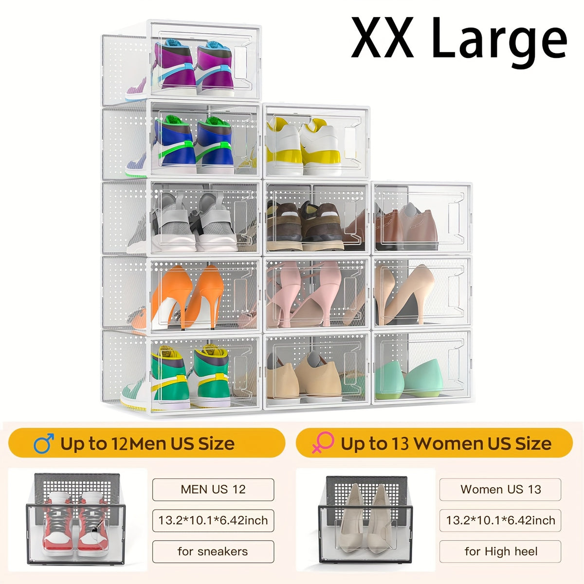 12 Pack XX Large Shoe Organizer Storage Boxes for Closet, Modular Space Saving Shoe Boxes Clear Plastic Stackable Sneaker Containers Display Case with Lids, Black02