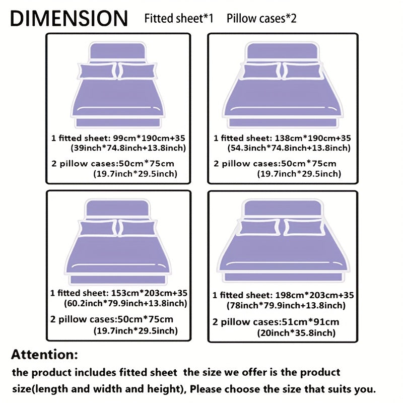 2D Flat 3pcs Cool Technology Digital Printing Material Plaid Fitted Sheet(1pc Bed Sheet+2pcs Pillowcase No Filling)Deep Pocket In 15 Inch At Home Dormitory Suitable for All Seasons Mattress Protector