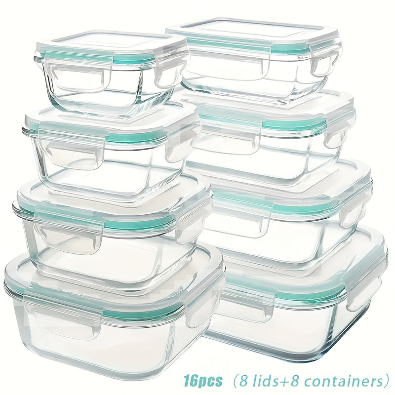 16pcs Sealed Glass Food Storage Containers, Lunch Boxes, Microwave Ovens, Ovens - Perfect For Salads, Fruits, Vegetables, And Sandwiches, Lunch Boxes | Sealed Storage | Durable Glass, Food Storage Containers (8 Lids+8 Containers)