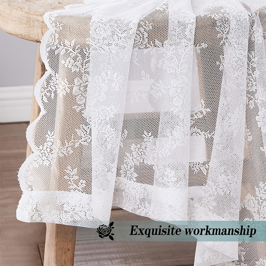 1pc White Lace Door Curtain with Wave Edge, Semi-Sheer Polyester Rod Pocket Curtain for Home And Outdoor Use, Vintage Style with Floral Pattern, Semi-Sheer Curtains | Vintage Curtain Design | Embroidered Detailing
