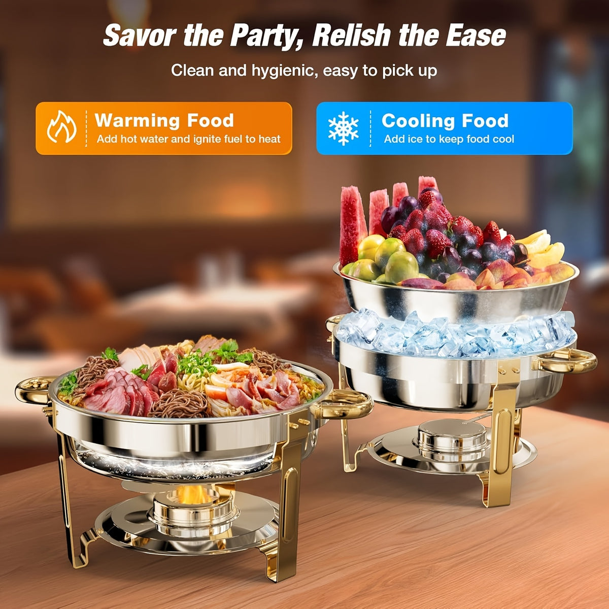 6/9 QT Chafing Dishes for Buffet 1/2/4 Pack, Round Chafing Dish Buffet Set, High Grade Stainless Steel Buffet Food Warmers Sets for Catering Events Parties Dinners with Complete Set, Golden And Silver, solely for Cooking