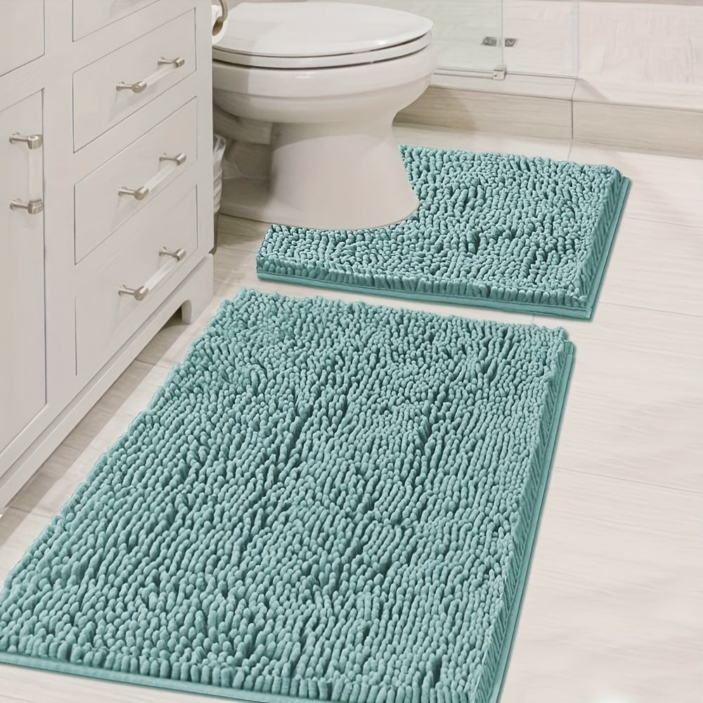 AIERJIA Original Shaggy Chenille 2pcs Bath Rug Set, Featuring a 20X20 Square U-Shaped Contoured Toilet Mat And a 32X20 Carpet Rug, Both Machine Washable And Dryable, Offering Soft And Plush for Your Tub Shower in Eggshell Blue
