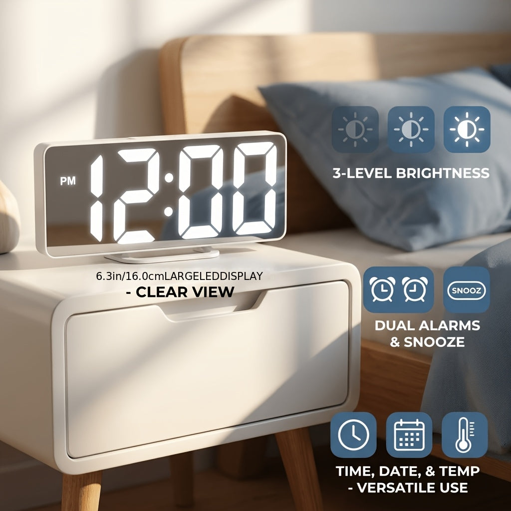Latest Fashion Digital Clock, LED Alarm Clock for Bedroom, with Mirror, Shows Temperature And Day of The Week, Large Display Electronic Desk Clock, Adjustable Brightness, 12/24 Hours, Small Bedroom Alarm Clock, Christmas Gift Decoration