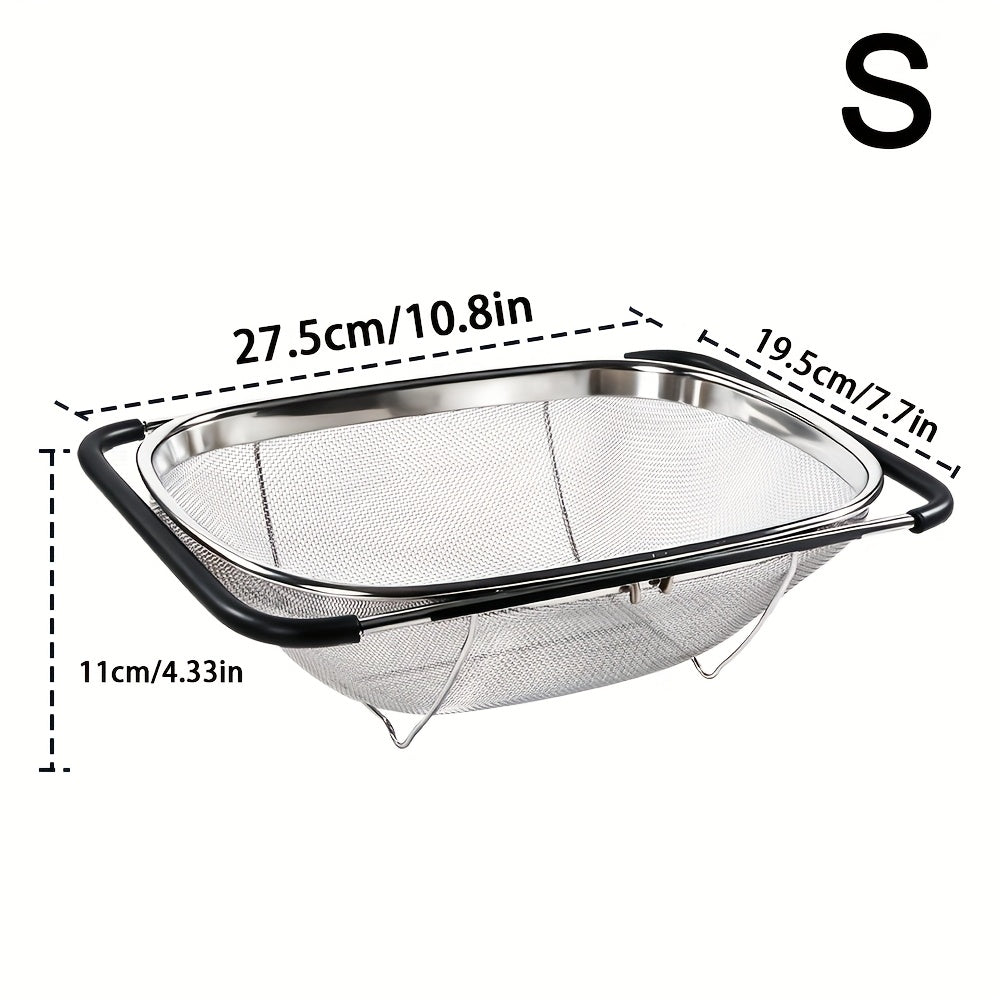 Fine Mesh Sink Colander, Expandable Stainless Steel Strainer Basket with Rubber Grip for Rinsing Fruits, Vegetables and Draining Pasta in Home Kitchens