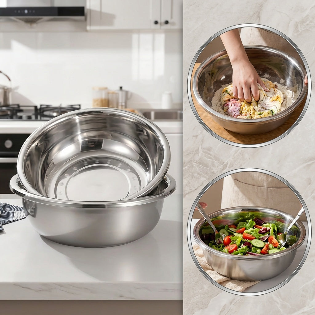 40cm/15.74" & 36cm/14.2" Extra Large Stainless Steel Mixing Bowls Heavy-Duty Deep Prep Basin For Cooking, Baking, Salad Dough | Rustproof, Dishwasher Safe Kitchen Essentials