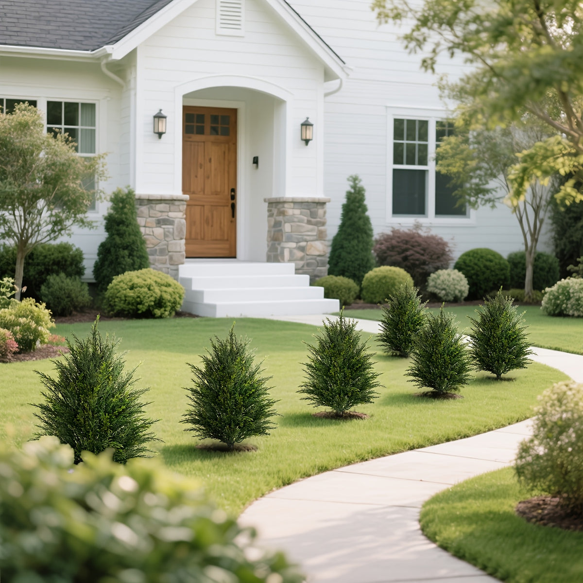 2 Sets Artificial Cedar Topiary Ball Trees with Ground Spike, UV Resistant Fake Cypress Evergreen Shrub Bushes, Faux Ball Plant for Indoor Outdoor Front Porch Yard Garden Home Decor