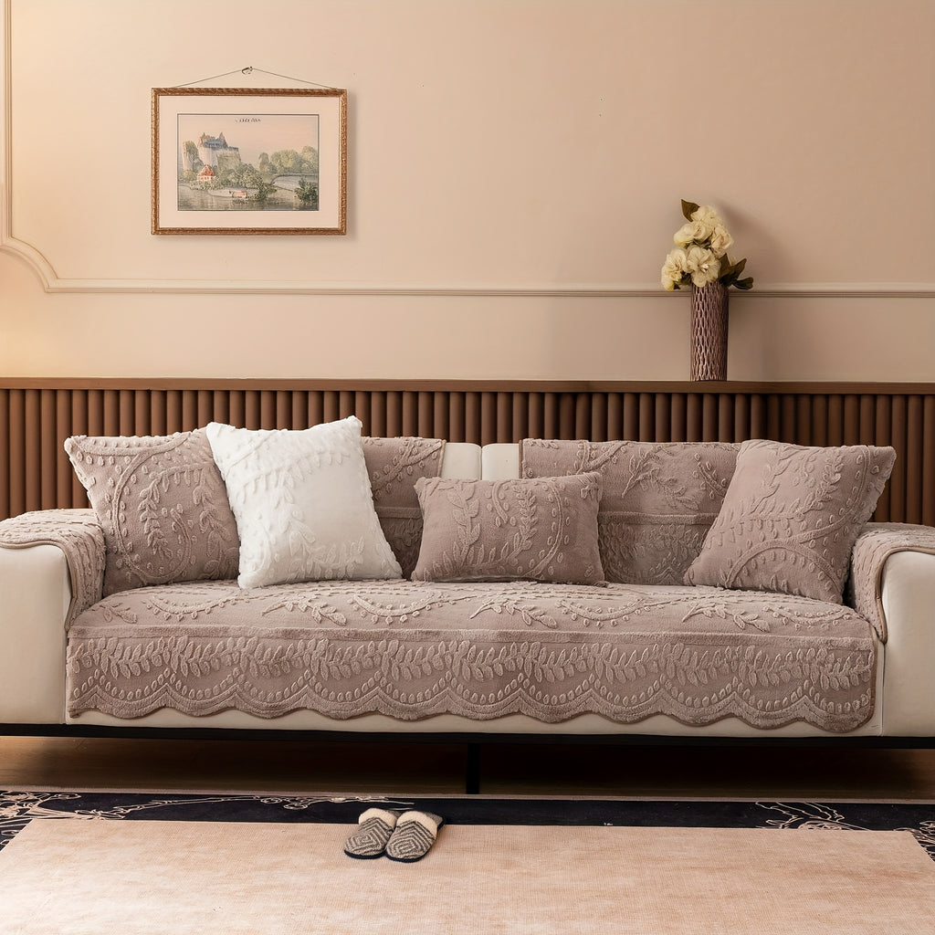 1pc Thickened Quilted Machine Washable Sofa Cushion, Faux Rabbit Fur Comfort Warm Non-slip Plush Sofa Cover, Breathable and Comfortable Pet-friendly for Bedroom, Office, Living Room, Suitable for 2/3/4-seater Sofa, Home Winter Decor, Christmas Gifts