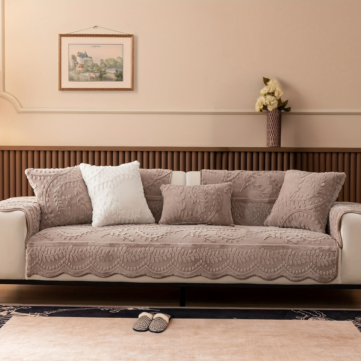 1pc Thickened Quilted Machine Washable Sofa Cushion, Faux Rabbit Fur Comfort Warm Non-slip Plush Sofa Cover, Breathable and Comfortable Pet-friendly for Bedroom, Office, Living Room, Suitable for 2/3/4-seater Sofa, Home Winter Decor, Christmas Gifts