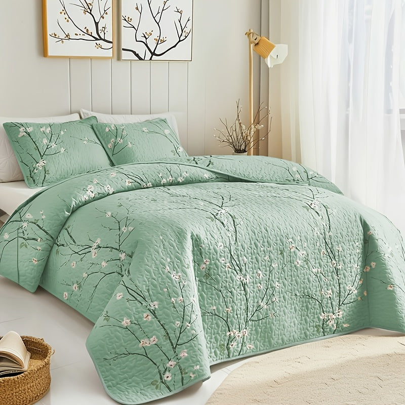 2/3pcs Multicolour Tree Branch Plum Blossom Quilted Quilt, 1pc Quilted Quilt+ 1/2pcs Pillowcases, Soft Breathable Comfortable Portability Hypoallergenic Machine Washable Bed Cover Bedding Room Decor, Twin/ Queen/ King Size