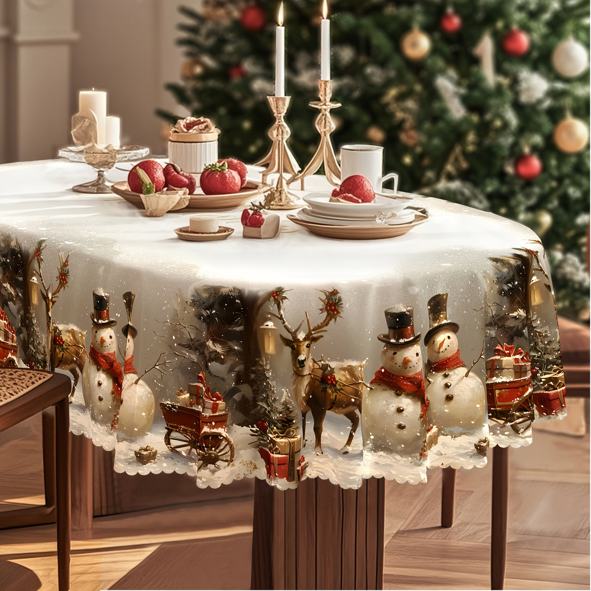 Christmas Tablecloth with Vintage Snowman Reindeer & Christmas Tree - Red & Holiday Table Suitable for Rectangular, Round, Oval Tables - Durable Polyester Fabric for Party, Home, Restaurant Decorations