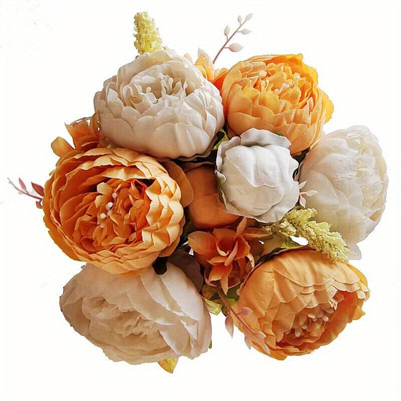 Artificial Peony Bouquet with 13 Flower Heads and Green Foliage, Colorful Faux Blooms for Wedding Centerpieces, Home Vases and Office Decor