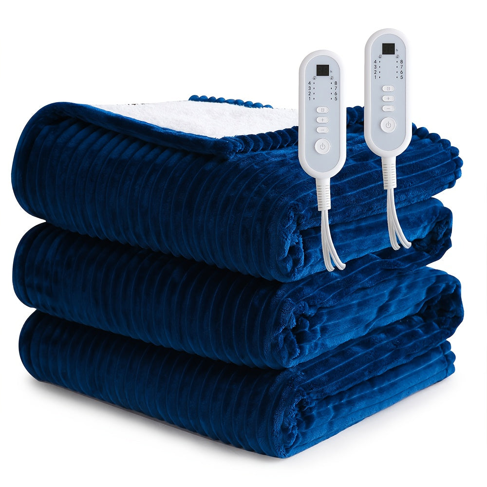 Extra Large Flannel And Electric Blanket with Time And Temperature Control, 10 Hour Auto-Off, 8 Temperature Levels, Queen/King Two Controllers, Throw/Twin/Full with 1 Controller, Machine Washable, PTC+NTC Overheat Protection