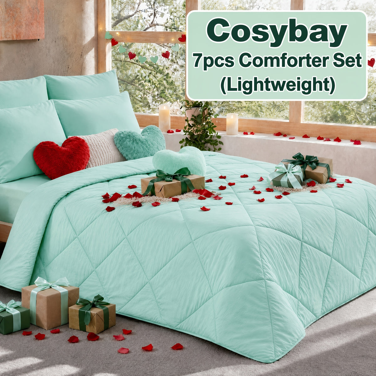 Cosybay 7 Piece Pinch Pleated Comforter Set Queen King Size, Luxury Soft Fluffy Bedding Includes 1 Comforter, 1 Extra Deep Pocket Fitted Sheet, 1 Flat Sheet, 4 Pillowcases & Pillow Covers, Perfect for Halloween Party, Holiday Celebrations & Birthday