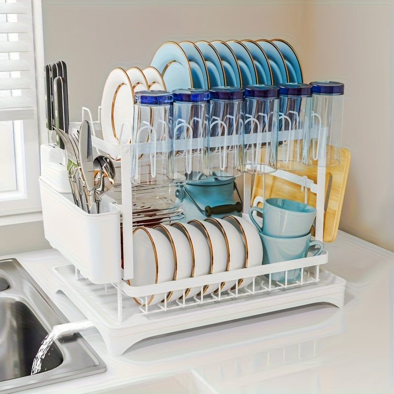 2 Tier And 1 Tier Dish Drying Rack for Kitchen Counter, Dish Drainers for Kitchen Counter with Drainboard, Metal Kitchen Dish Rack with Drain, Kitchen Drying Rack Two Tier, Black Dish Racks, Spoons And Fork