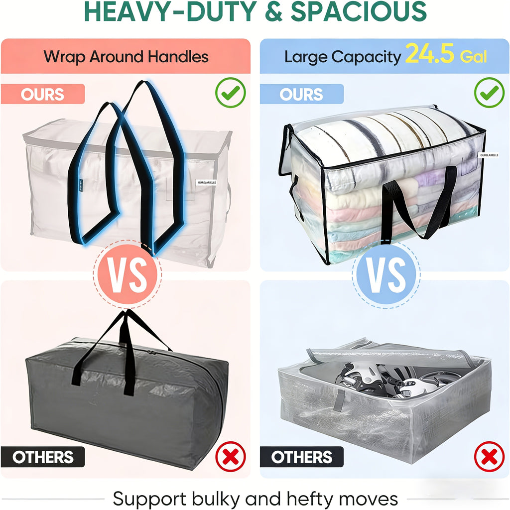 6pcs Heavy-Duty Moving Bags with Reinforced Handle - Oversized Storage Totes, Snap-Close Lid & Plastic Suitable for Clothes, Quilts,, Moving Supplies - Space Saver Bags