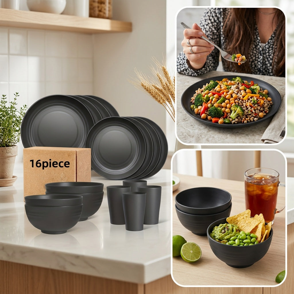 Brczuo16/32pcs Securely Fixed Non Fragile Plates, Wheat Straw Tableware Set, Microwave Dishwasher Safe, Durable Tableware, Black Set Includes 16 Plates, 8 Bowls, 8 Cups, Suitable For Family Gatherings, Birthday Parties, Camping