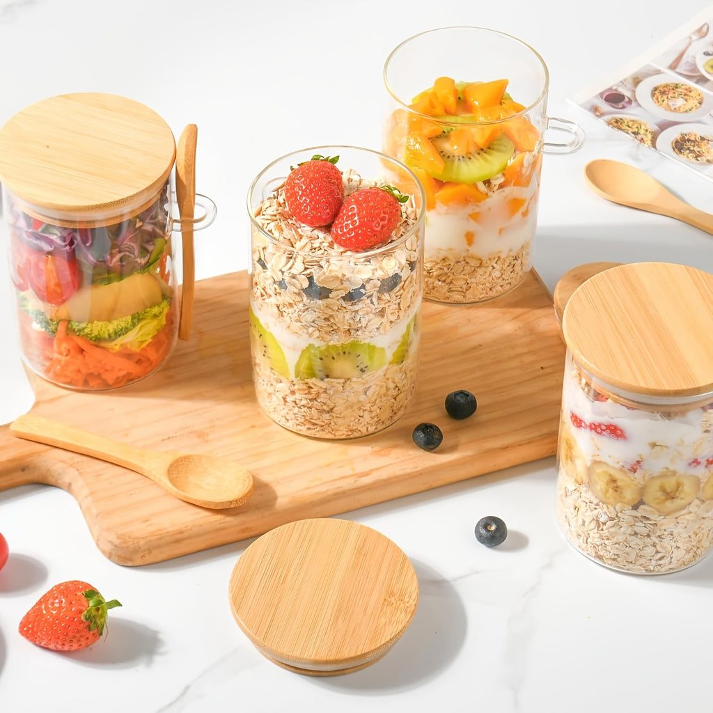 4/6pcs Dessert Bowl, Overnight Oats Containers with Lids, 18oz Overnight Oats Jars with Spoons, Salad Meal Prep Jar with Bamboo Lids for Chia Seed Pudding Salad Cereal Coffee Flour, Sourdough Starter Jar for Bread