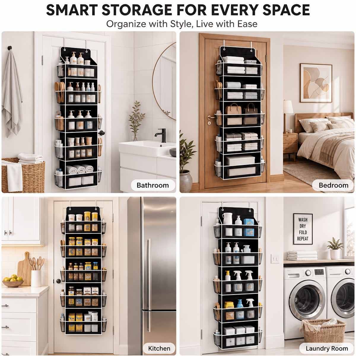 Over the Door Pocket Organizer, 5-Tier Hanging Storage with Large Compartments for Bathroom Toiletries, Bedroom Essentials and Pantry Supplies