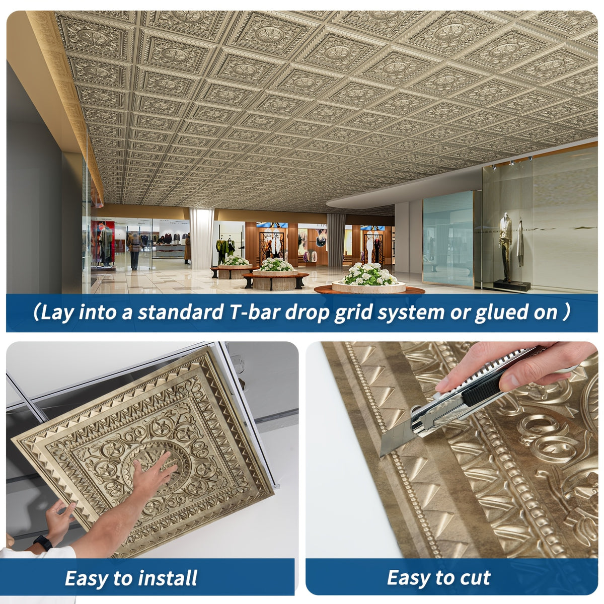 Vintage Golden Ceiling Tiles 24"x24", 12-Pack Decorative PVC Panels, Luxury Floral Design, Easy Install, Covers 48 Sq Ft